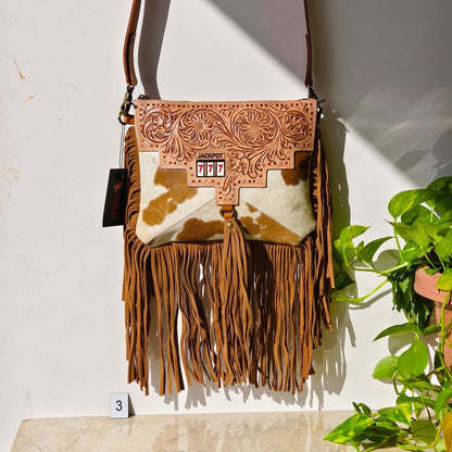 Cowhide Fringed Tooled Leather Cross Body Shoulder Bag or Clutch - JayKayBoutiqueOnline