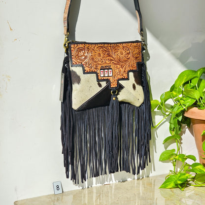 Cowhide Fringed Tooled Leather Cross Body Shoulder Bag or Clutch - JayKayBoutiqueOnline