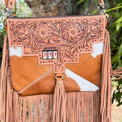 Cowhide Fringed Tooled Leather Cross Body Shoulder Bag or Clutch - JayKayBoutiqueOnline