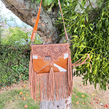 Cowhide Fringed Tooled Leather Cross Body Shoulder Bag or Clutch - JayKayBoutiqueOnline
