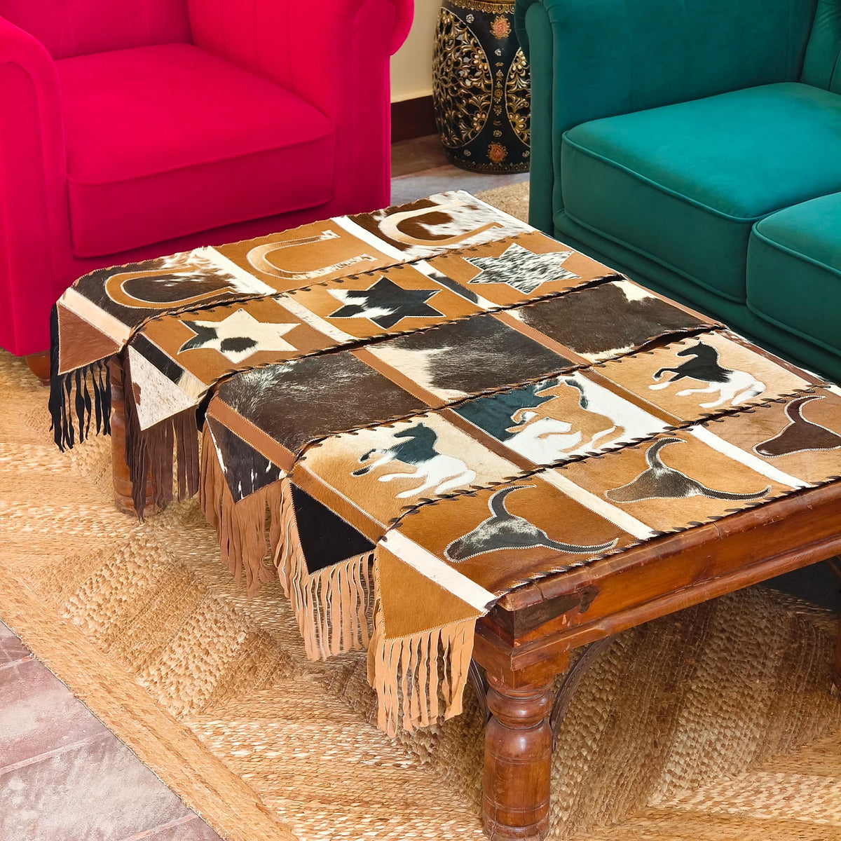 Western Star Cowhide Table Runner with Suede Fringe - JayKayBoutiqueOnline