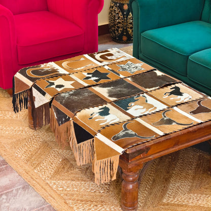 Checkered Cowhide Table Runner – Patchwork Leather Dining Table Runner, Rustic Farmhouse Décor - JayKayBoutiqueOnline