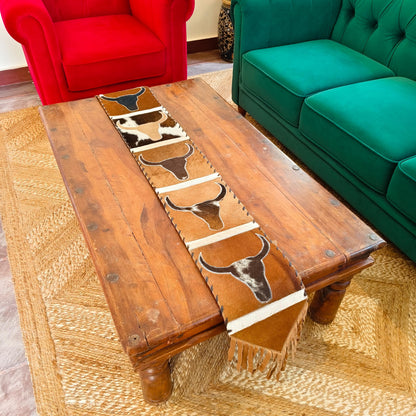 Longhorn Cowhide Table Runner with Suede Fringe – Western Ranch & Rustic Farmhouse Décor - JayKayBoutiqueOnline