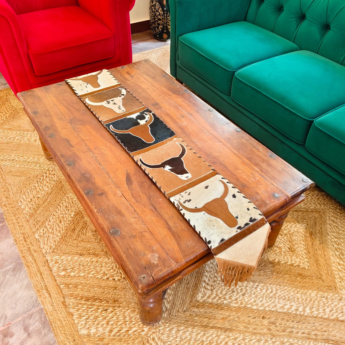 Longhorn Cowhide Table Runner with Suede Fringe – Western Ranch & Rustic Farmhouse Décor - JayKayBoutiqueOnline