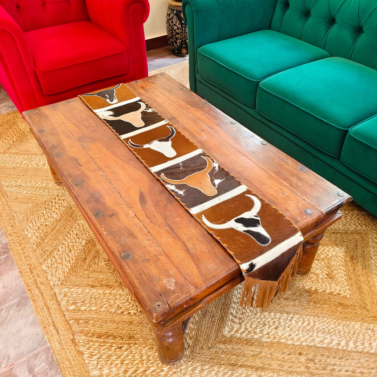 Longhorn Cowhide Table Runner with Suede Fringe – Western Ranch & Rustic Farmhouse Décor - JayKayBoutiqueOnline