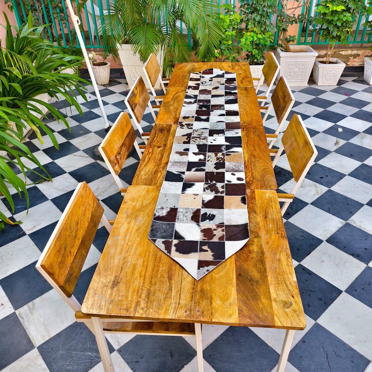 Checkered Cowhide Table Runner – Patchwork Leather Dining Table Runner, Rustic Farmhouse Décor - JayKayBoutiqueOnline