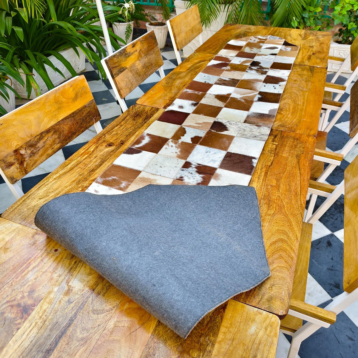 Checkered Cowhide Table Runner – Patchwork Leather Dining Table Runner, Rustic Farmhouse Décor - JayKayBoutiqueOnline