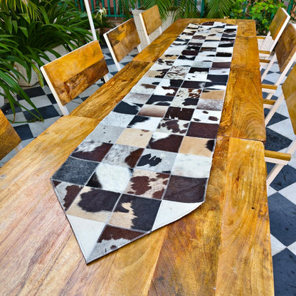 Checkered Cowhide Table Runner – Patchwork Leather Dining Table Runner, Rustic Farmhouse Décor - JayKayBoutiqueOnline