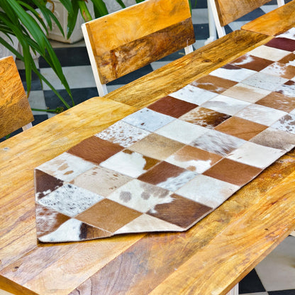 Checkered Cowhide Table Runner – Patchwork Leather Dining Table Runner, Rustic Farmhouse Décor - JayKayBoutiqueOnline