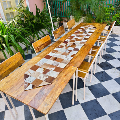 Checkered Cowhide Table Runner – Patchwork Leather Dining Table Runner, Rustic Farmhouse Décor - JayKayBoutiqueOnline