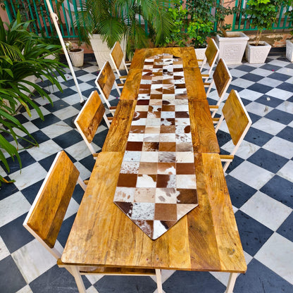 Checkered Cowhide Table Runner – Patchwork Leather Dining Table Runner, Rustic Farmhouse Décor - JayKayBoutiqueOnline
