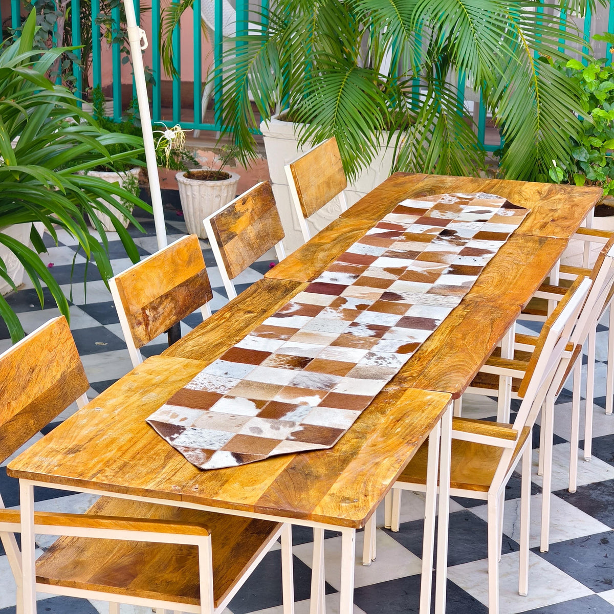 Checkered Cowhide Table Runner – Patchwork Leather Dining Table Runner, Rustic Farmhouse Décor - JayKayBoutiqueOnline