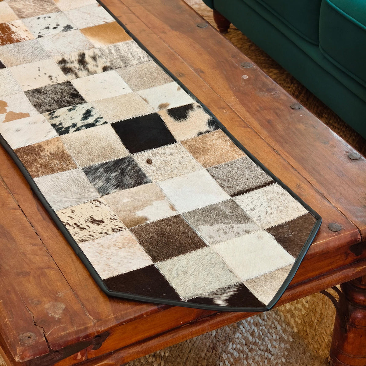 Checkered Cowhide Table Runner – Patchwork Leather Dining Table Runner, Rustic Farmhouse Décor - JayKayBoutiqueOnline