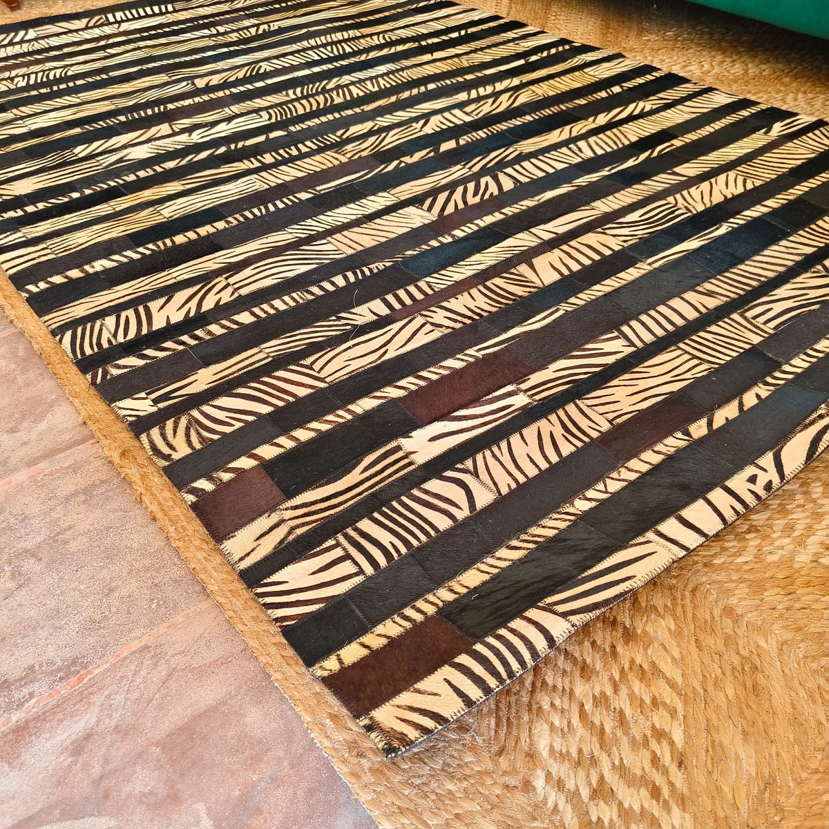 Patchwork Cowhide Rugs – Geometric Designs, 6 x 4 ft, Zebra Print - JayKayBoutiqueOnline