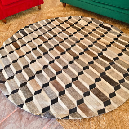Round Cowhide Patchwork 3D Rug – 120cm Geometric Leather Rug - JayKayBoutiqueOnline