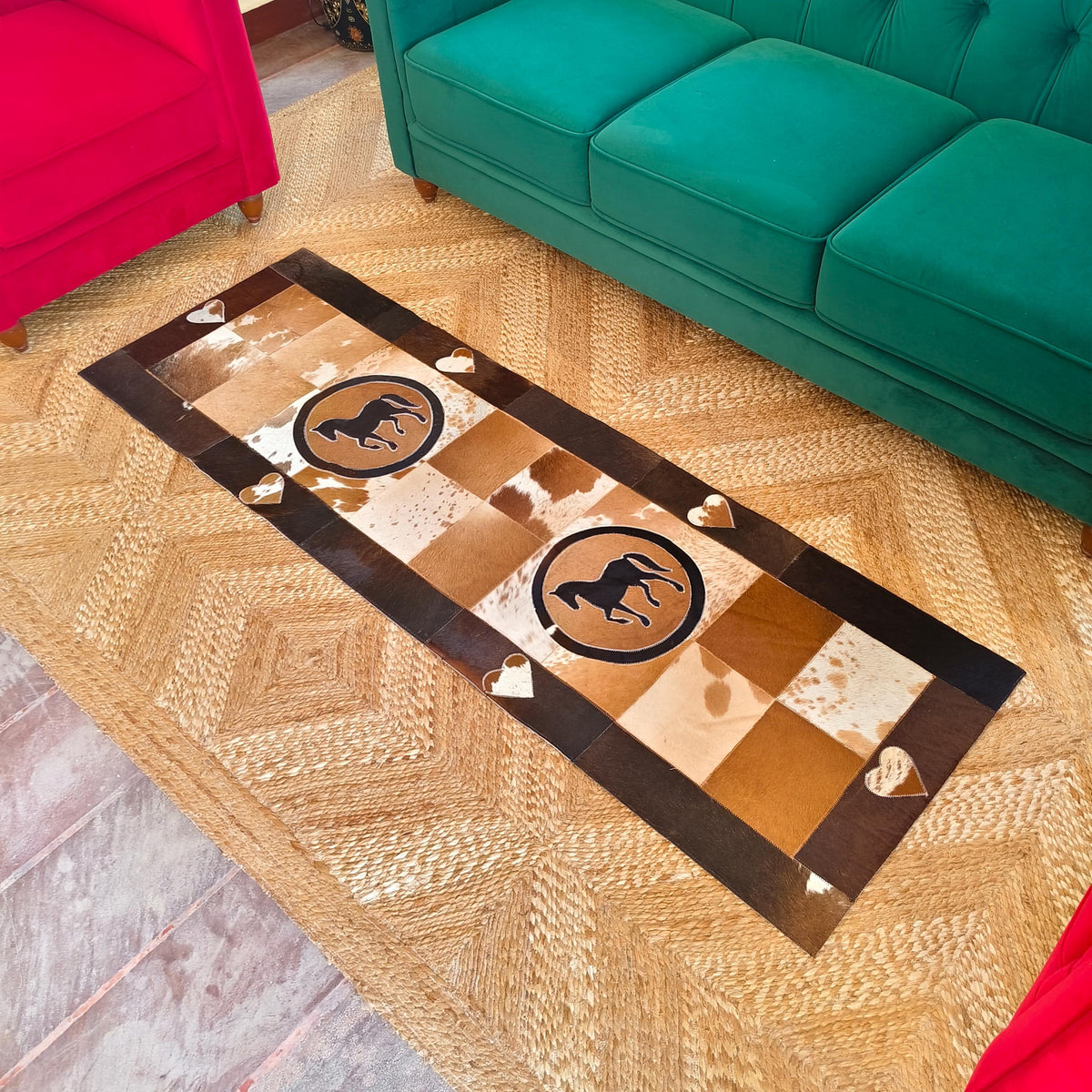 Patchwork Cowhide Runner Rug, Horse or Longhorn Design, Rustic Farmhouse Decor (8' x 2') - JayKayBoutiqueOnline