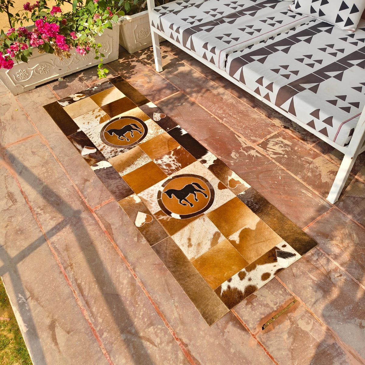 Patchwork Cowhide Runner Rug, Horse or Longhorn Design, Rustic Farmhouse Decor (8' x 2') - JayKayBoutiqueOnline