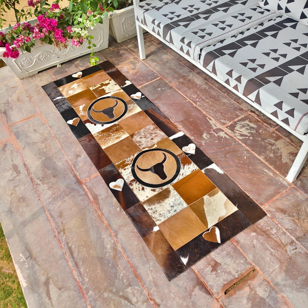 Patchwork Cowhide Runner Rug, Horse or Longhorn Design, Rustic Farmhouse Decor (8' x 2') - JayKayBoutiqueOnline