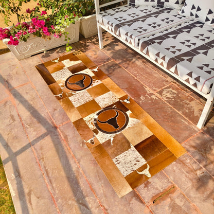 Patchwork Cowhide Runner Rug, Horse or Longhorn Design, Rustic Farmhouse Decor (8' x 2') - JayKayBoutiqueOnline