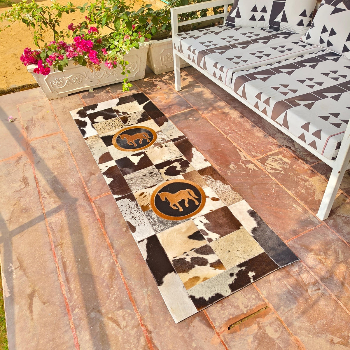 Patchwork Cowhide Runner Rug, Horse or Longhorn Design, Rustic Farmhouse Decor (8' x 2') - JayKayBoutiqueOnline