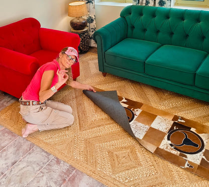 Patchwork Cowhide Runner Rug, Horse or Longhorn Design, Rustic Farmhouse Decor (8' x 2') - JayKayBoutiqueOnline