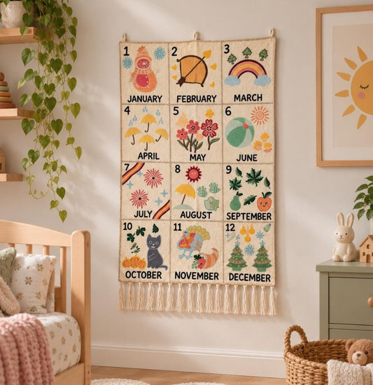 Months of the Year Embroidered Nursery Wall Hanging – Handmade Wool Tapestry - JayKayBoutiqueOnline