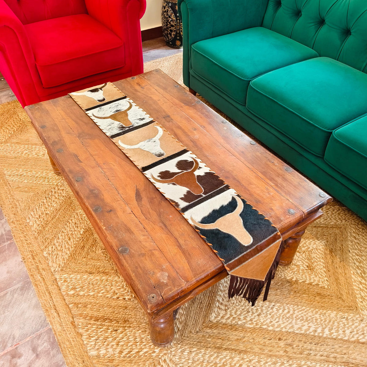 Longhorn Cowhide Table Runner with Suede Fringe – Western Ranch & Rustic Farmhouse Décor - JayKayBoutiqueOnline