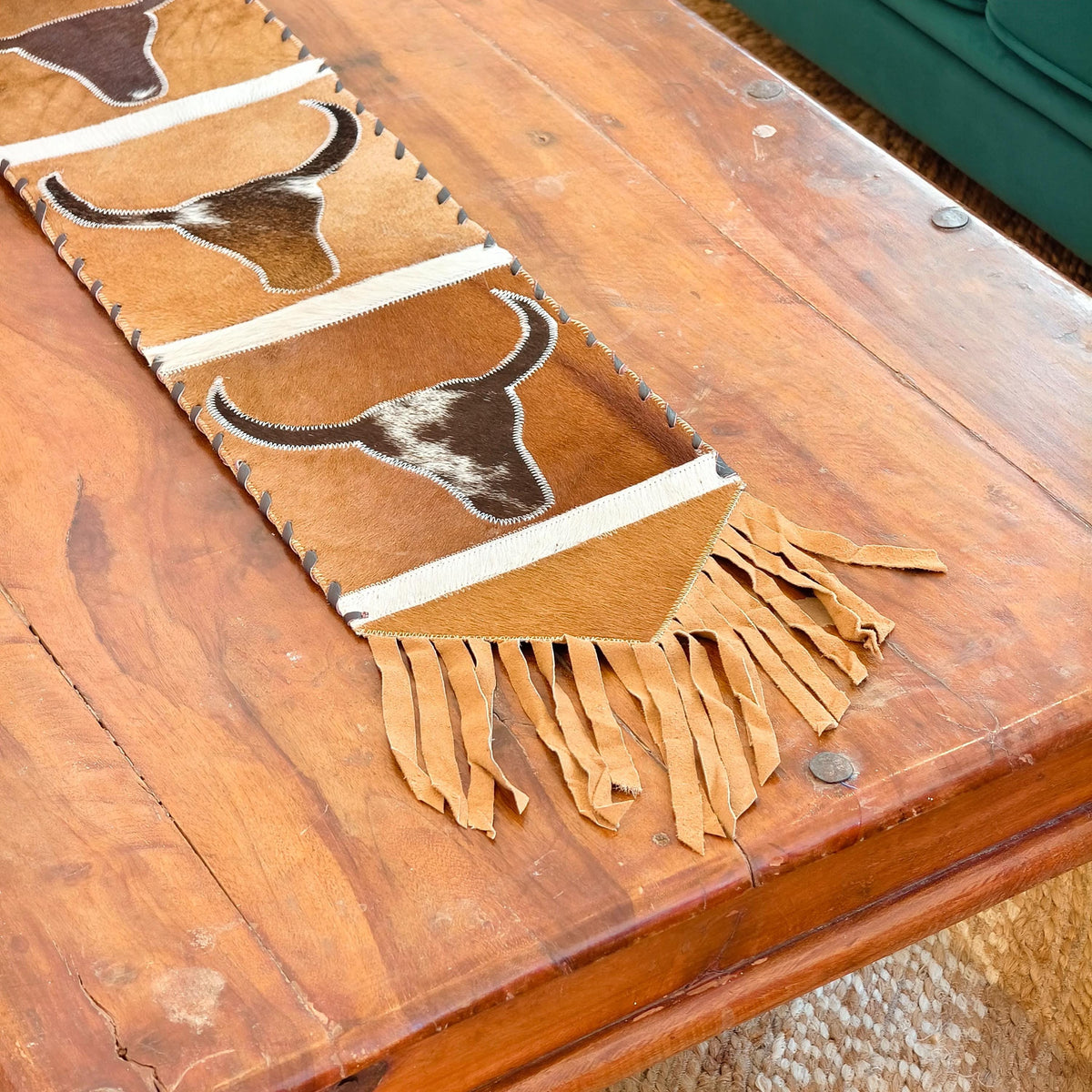 Longhorn Cowhide Table Runner with Suede Fringe – Western Ranch & Rustic Farmhouse Décor - JayKayBoutiqueOnline