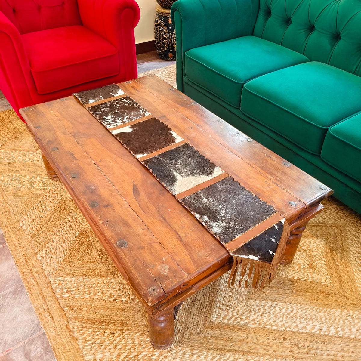Natural Cowhide Table Runner with Suede Fringe - JayKayBoutiqueOnline