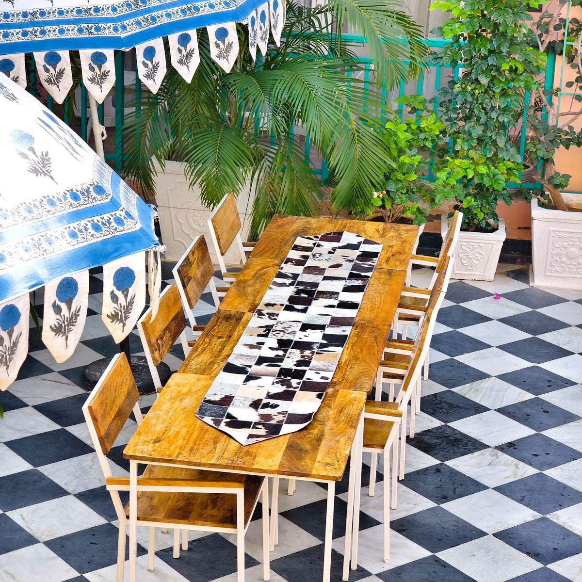 Checkered Cowhide Table Runner – Patchwork Leather Dining Table Runner, Rustic Farmhouse Décor - JayKayBoutiqueOnline