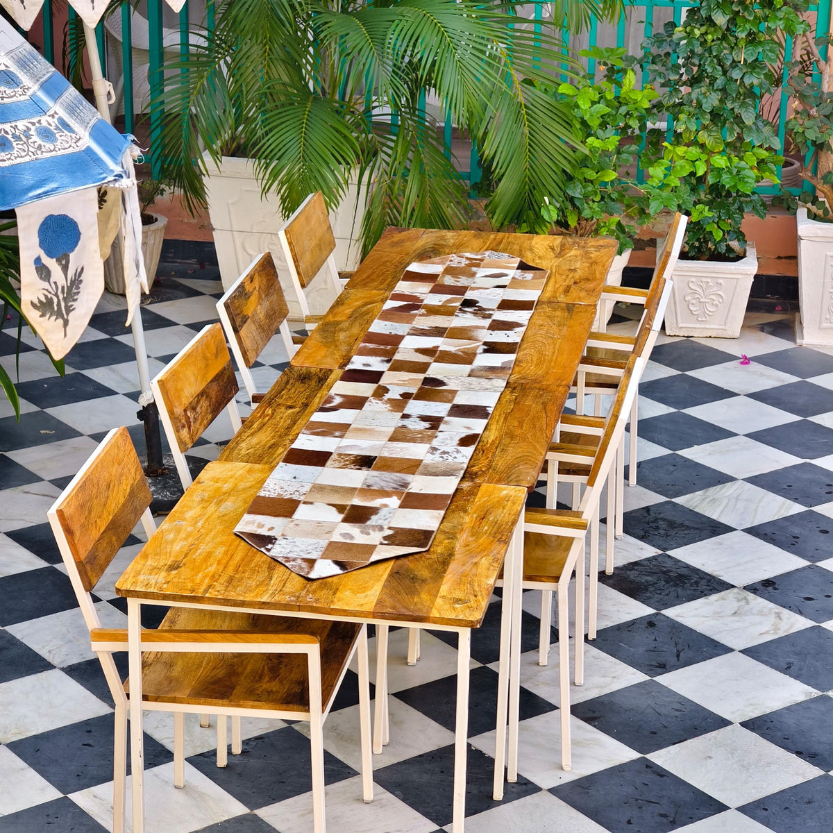 Checkered Cowhide Table Runner – Patchwork Leather Dining Table Runner, Rustic Farmhouse Décor - JayKayBoutiqueOnline