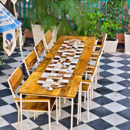 Checkered Cowhide Table Runner – Patchwork Leather Dining Table Runner, Rustic Farmhouse Décor - JayKayBoutiqueOnline