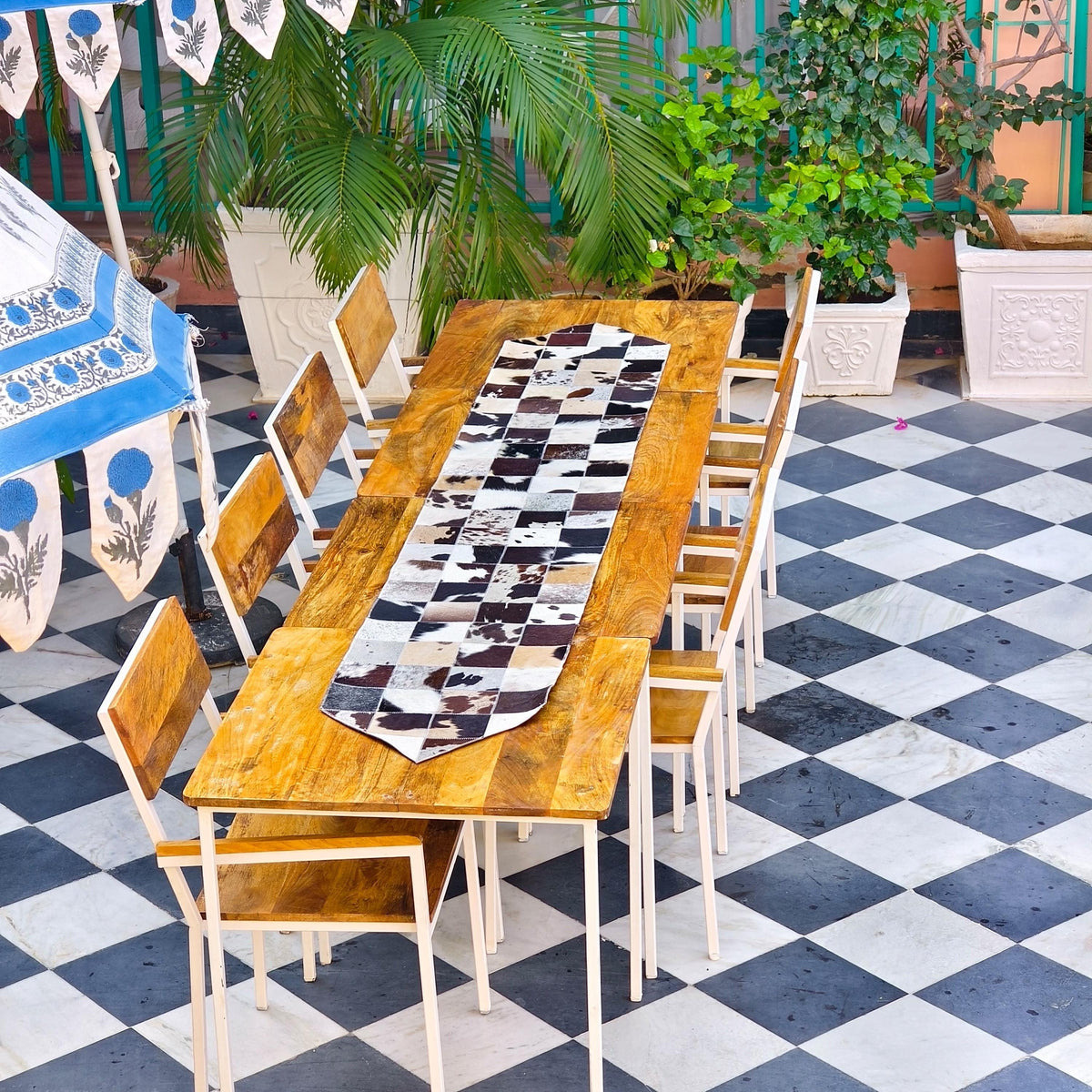 Checkered Cowhide Table Runner – Patchwork Leather Dining Table Runner, Rustic Farmhouse Décor - JayKayBoutiqueOnline