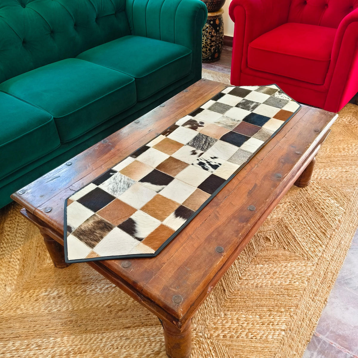 Checkered Cowhide Table Runner – Patchwork Leather Dining Table Runner, Rustic Farmhouse Décor - JayKayBoutiqueOnline