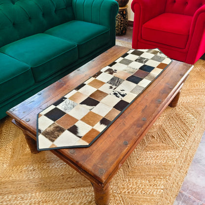 Checkered Cowhide Table Runner – Patchwork Leather Dining Table Runner, Rustic Farmhouse Décor - JayKayBoutiqueOnline