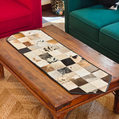 Checkered Cowhide Table Runner – Patchwork Leather Dining Table Runner, Rustic Farmhouse Décor - JayKayBoutiqueOnline