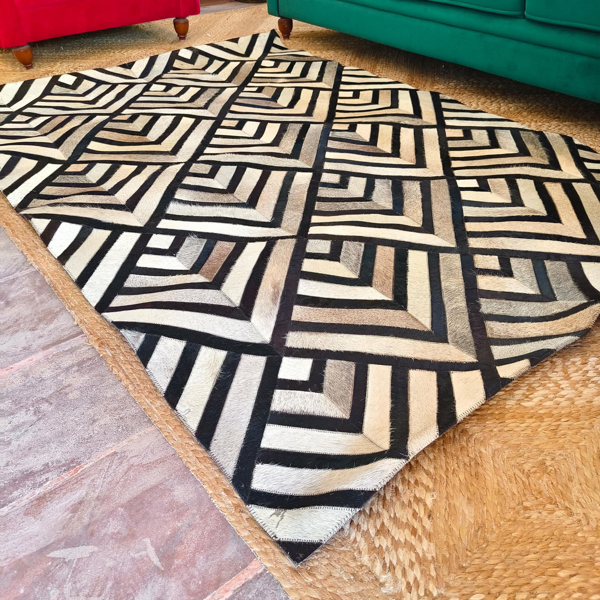 Patchwork Cowhide Rugs – Geometric Designs, 6 x 4 ft, Zebra Print - JayKayBoutiqueOnline