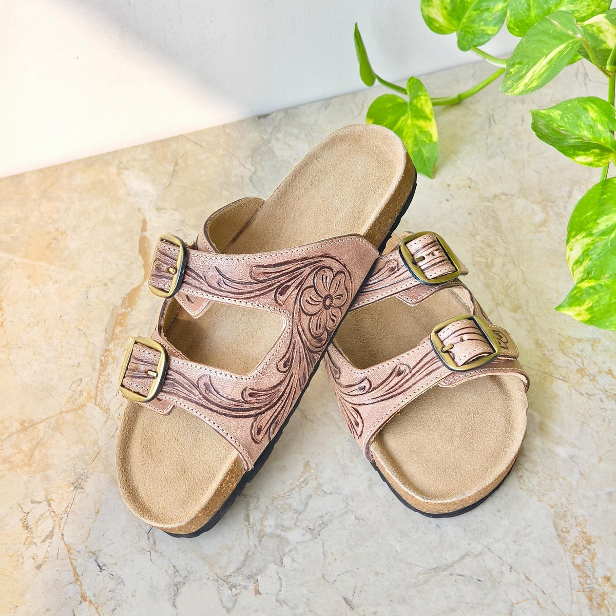 Hand Tooled Leather Sandals – Western Two Strap Sandals with Brass Buckles, Cork Sole, Handmade Leather Slides - JayKayBoutiqueOnline