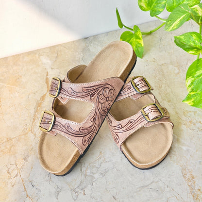 Hand Tooled Leather Sandals – Western Two Strap Sandals with Brass Buckles, Cork Sole, Handmade Leather Slides - JayKayBoutiqueOnline