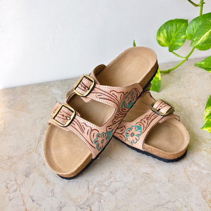 Hand Tooled Leather Sandals – Western Two Strap Sandals with Brass Buckles, Cork Sole, Handmade Leather Slides - JayKayBoutiqueOnline