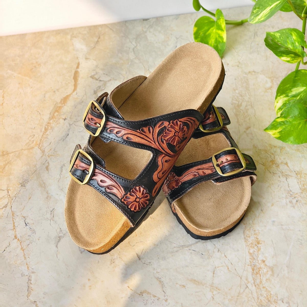 Hand Tooled Leather Sandals – Western Two Strap Sandals with Brass Buckles, Cork Sole, Handmade Leather Slides - JayKayBoutiqueOnline