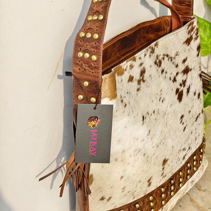 Cowhide Shoulder Bag – Western Leather Handbag with Studded Detail, Handmade Leather Strap & Tassels - JayKayBoutiqueOnline