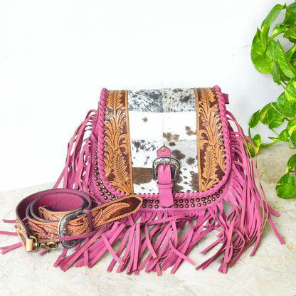 Western Cowhide Fringe Bag – Hand Tooled Leather Crossbody Handbag - JayKayBoutiqueOnline