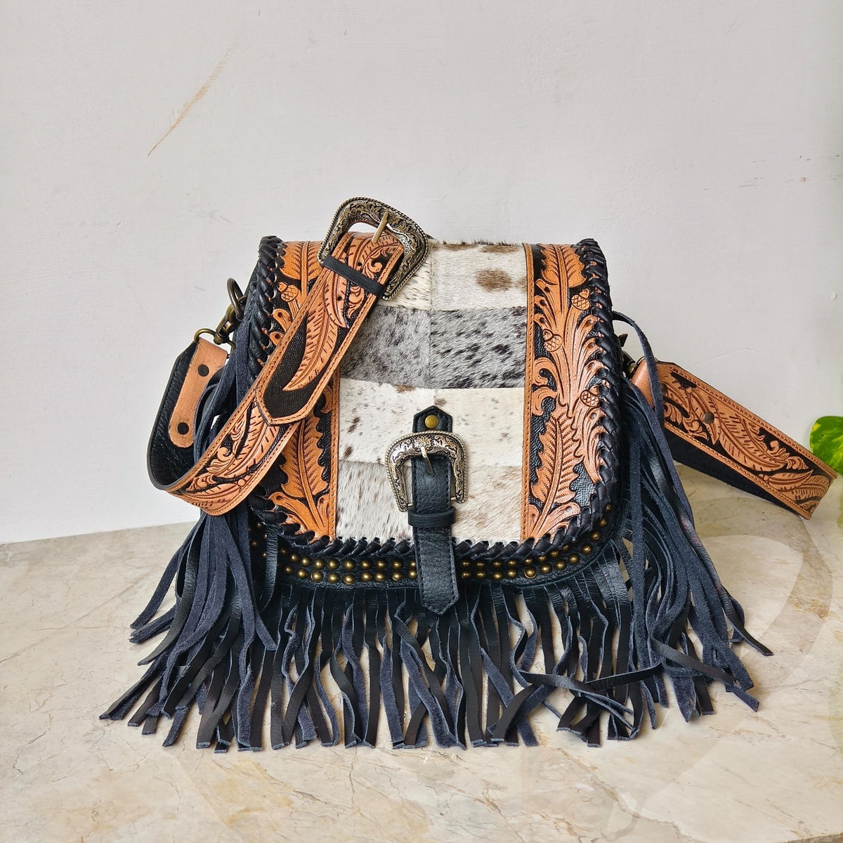 Western Cowhide Fringe Bag – Hand Tooled Leather Crossbody Handbag - JayKayBoutiqueOnline