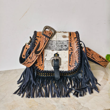 Western Cowhide Fringe Bag – Hand Tooled Leather Crossbody Handbag - JayKayBoutiqueOnline