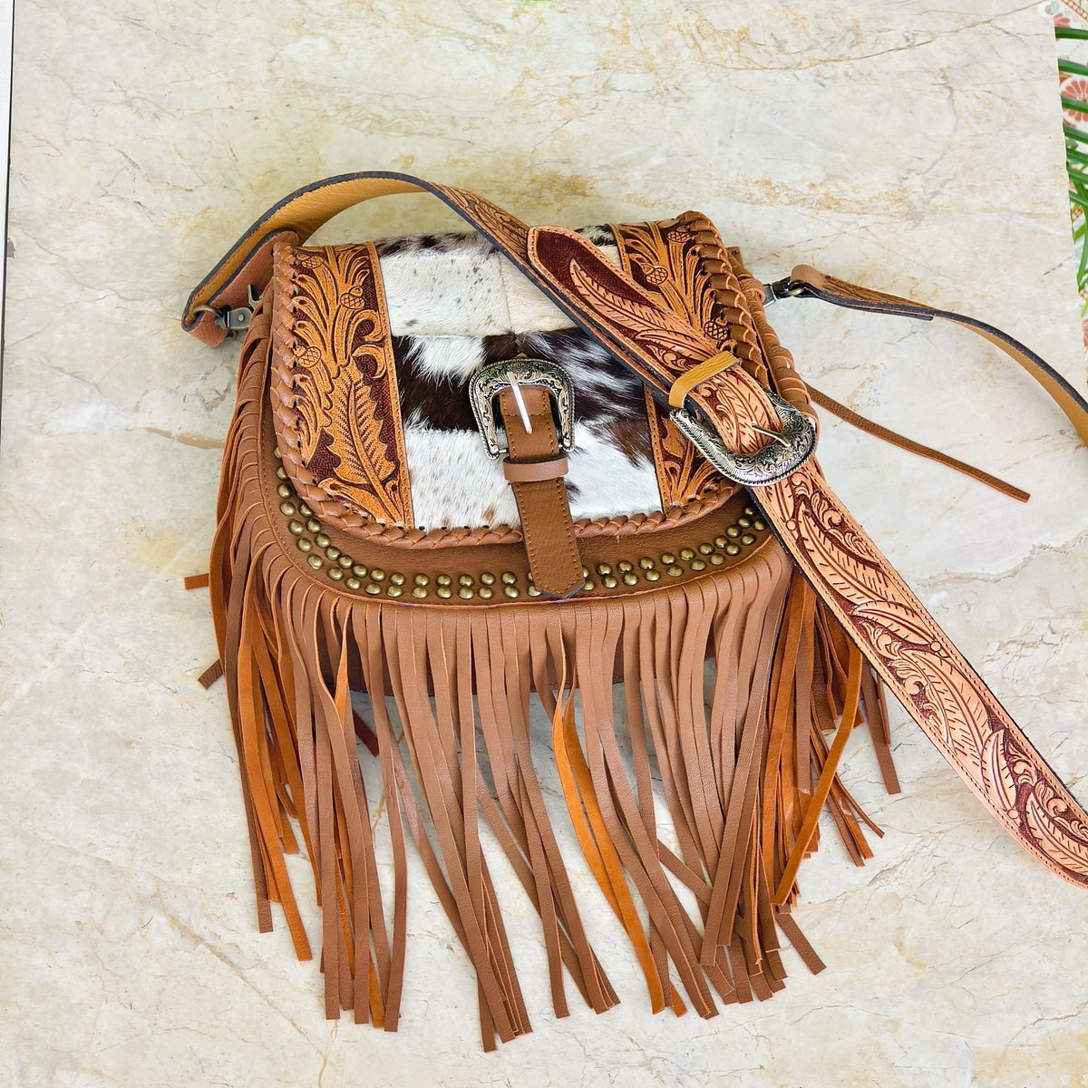 Western Cowhide Fringe Bag – Hand Tooled Leather Crossbody Handbag - JayKayBoutiqueOnline