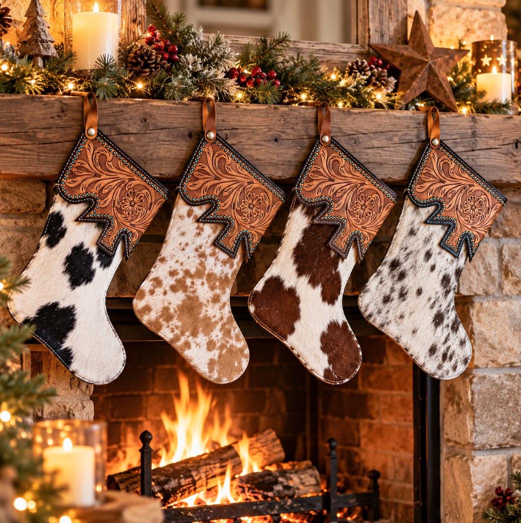 Cowhide Christmas Stocking – Hand Tooled Leather Western Christmas Decoration - JayKayBoutiqueOnline