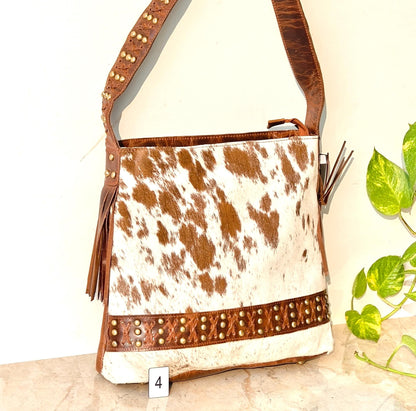 Cowhide Shoulder Bag – Western Leather Handbag with Studded Detail, Handmade Leather Strap & Tassels - JayKayBoutiqueOnline