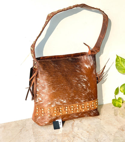 Cowhide Shoulder Bag – Western Leather Handbag with Studded Detail, Handmade Leather Strap & Tassels - JayKayBoutiqueOnline