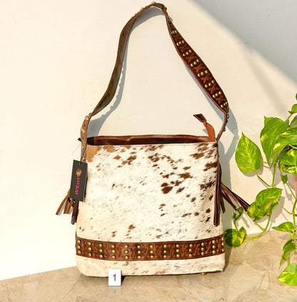 Cowhide Shoulder Bag – Western Leather Handbag with Studded Detail, Handmade Leather Strap & Tassels - JayKayBoutiqueOnline